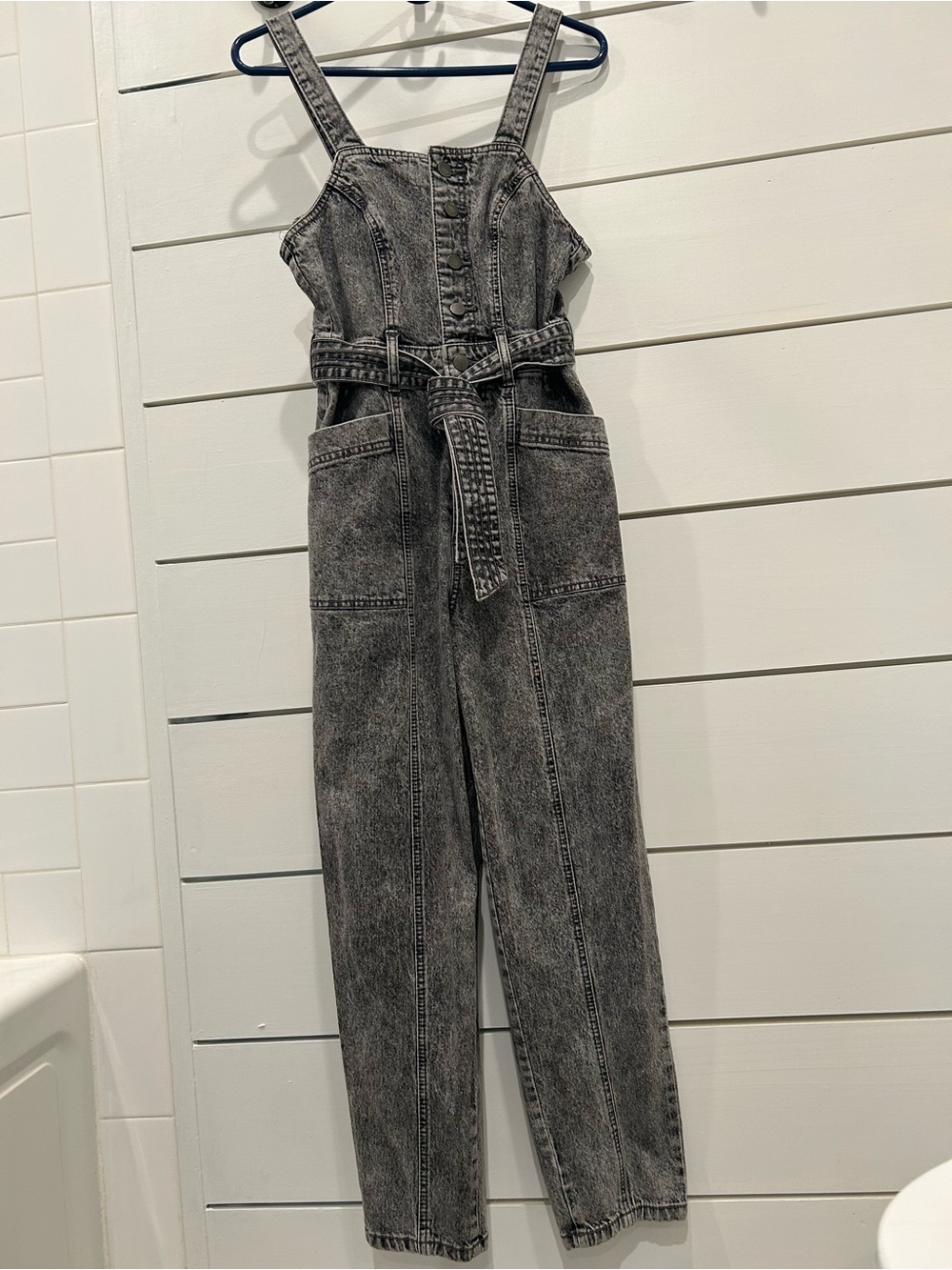 Universal Thread Acid-Wash Gray/Black Denim Jumpsuit